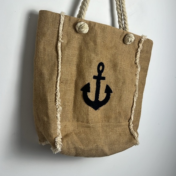 Linen Cotton Beachy Bohemian Anchor Rope Handle Large Beach Bag Market Tote - Picture 3 of 10